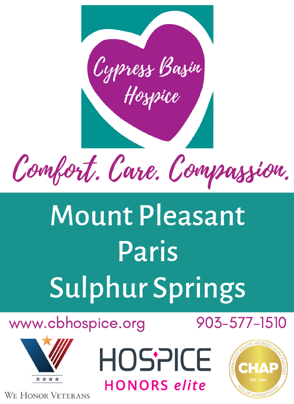 Cypress Basin Hospice lettering, logo, and address